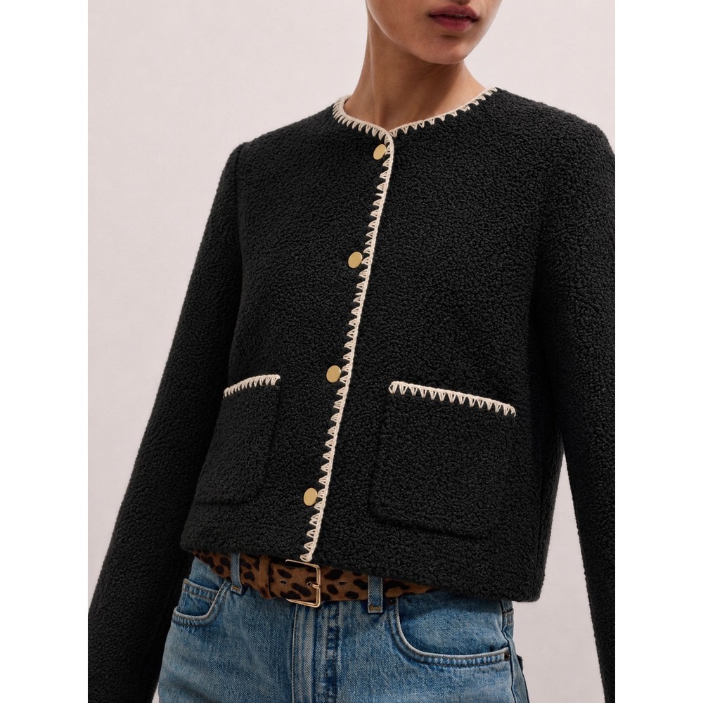 J.Crew Womens XL Black Sherpa Lady Jacket Blanket Stitch Gold Button Fleece